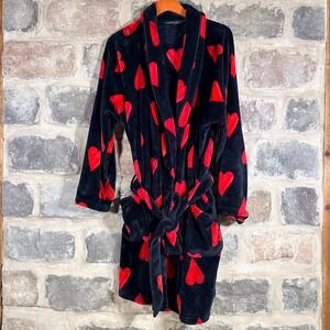 Victoria's Secret Black‎ Red Hearts Plush Robe XL XXL Lounge Sleepwear Cozy